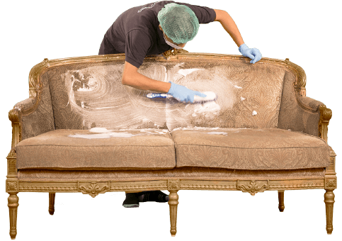 Sofa dry cleaning in progress by a young professional cleaner wearing a t shirt and head cap scrubbing an antique sofa with a brush to clean it.  