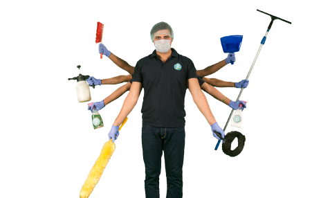 a professional cleaner with 8 hands each holding a cleaning equipment to represent broomberg's cleaning services
